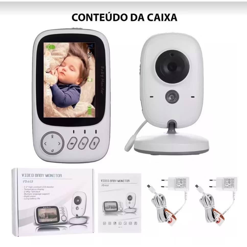 Babá Eletrônica com Monitor Visão Noturna Áudio Bidirecional Sensor de Temperatura Monitor Infantil Digital