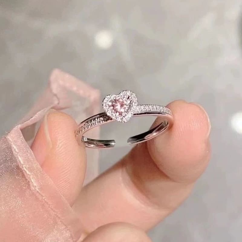 Anel De Zircão De Coração Rosa Para Mulheres Com Incrustação Elegante Joia Ajustável Presente De Cobre Brilhante