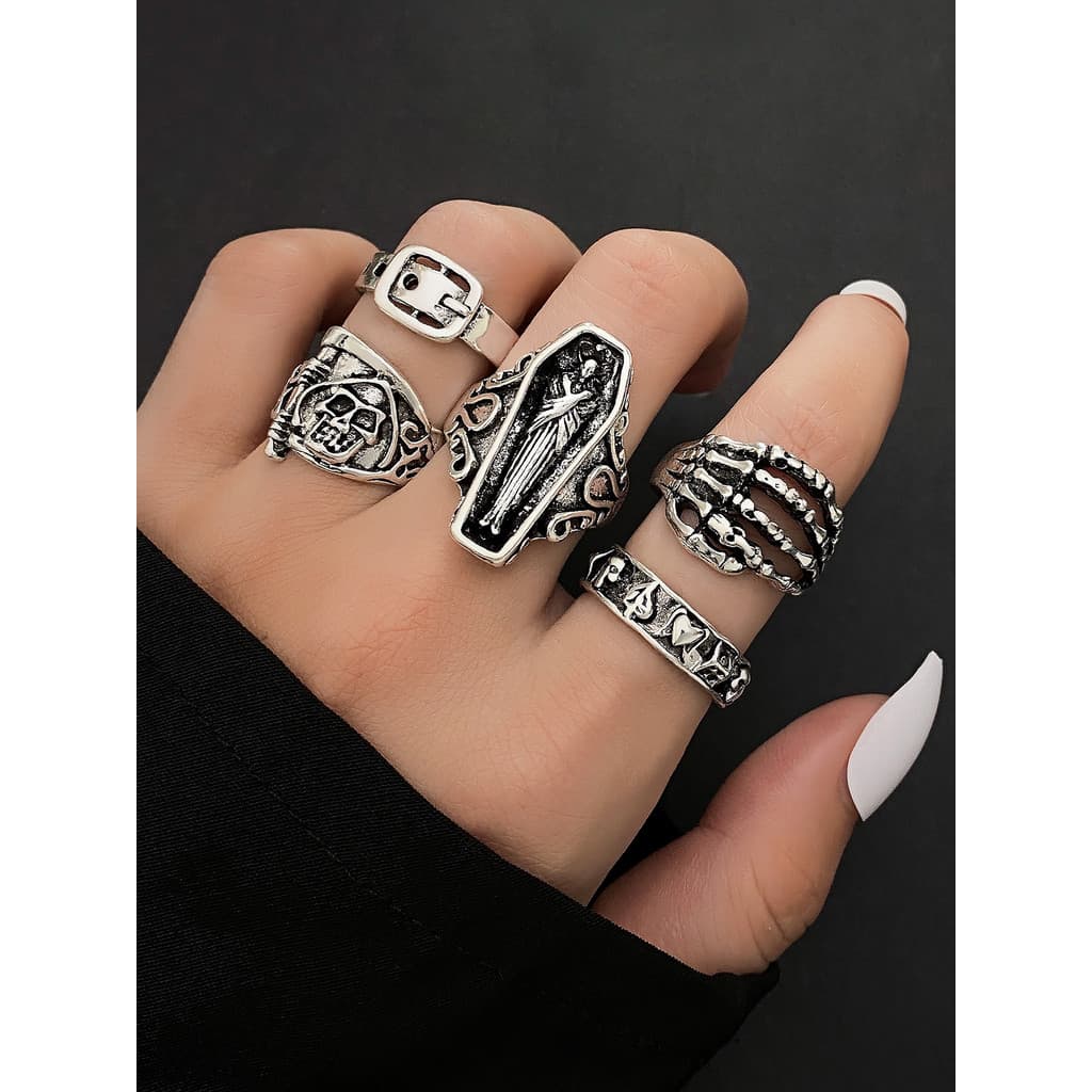 Novo Conjunto De Anel De Caveira E Folha Vintage Punk , Joias De Casal Exclusivas Para Presentes De Halloween Estilo Fel