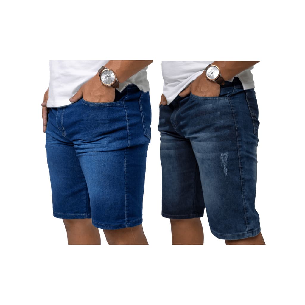 KIT 2 Bermuda Masculina Jeans Azul Médio Lisa e Azul Bigode Puido Com Elasticidade