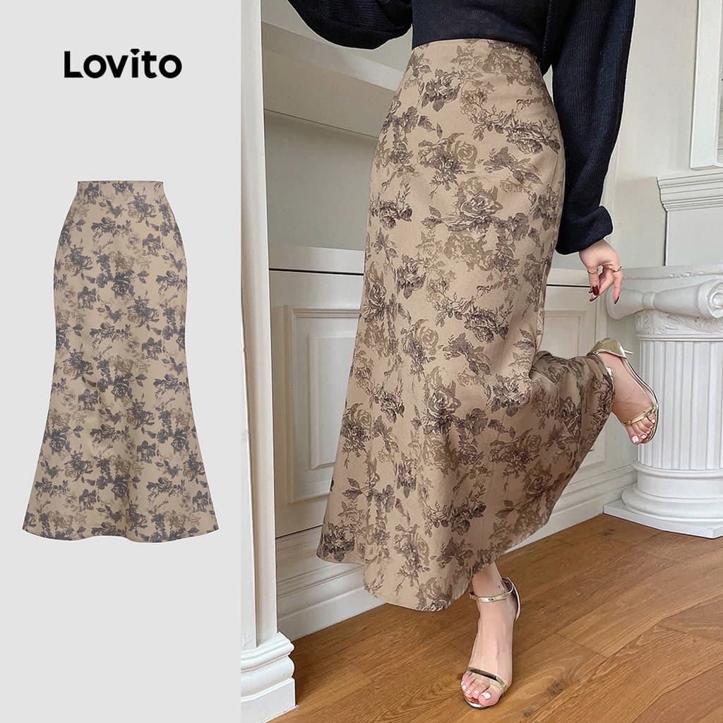 Lovito Cintura Alta Elegante Saias Femininas Vintage Com Estrutura Floral E Vieira Saias De Verão/primavera L131LD1232