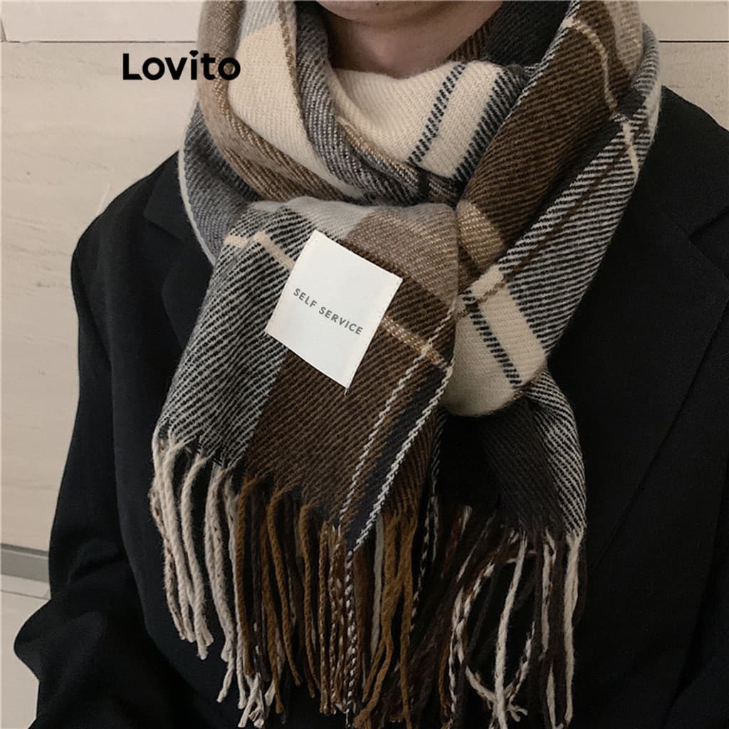 Lovito Nacional Lenços Casuais Xadrez Outono E Inverno Com Franjas Para Mulheres LNA32169
