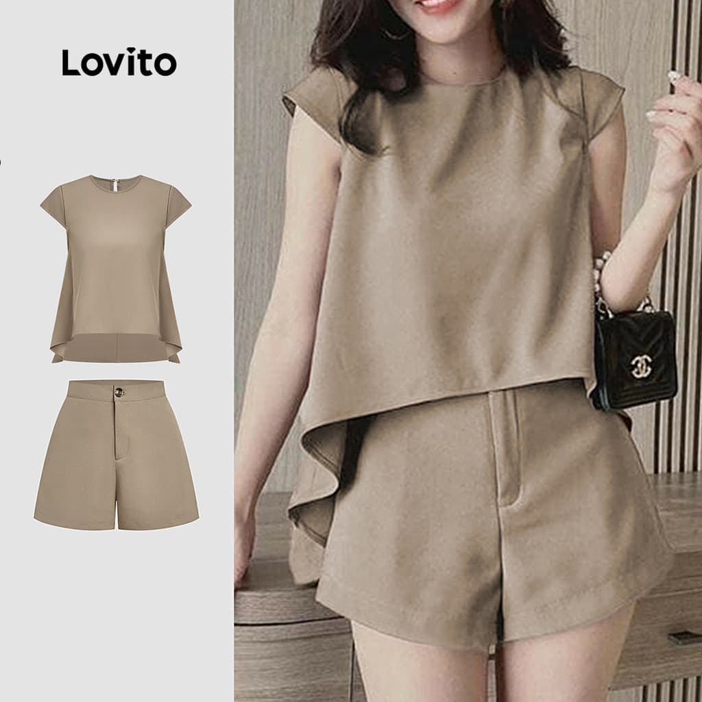 Lovito Casual Conjuntos de Shorts com Pregas para Primavera/verão Shorts Caqui para mulheres L154ED206