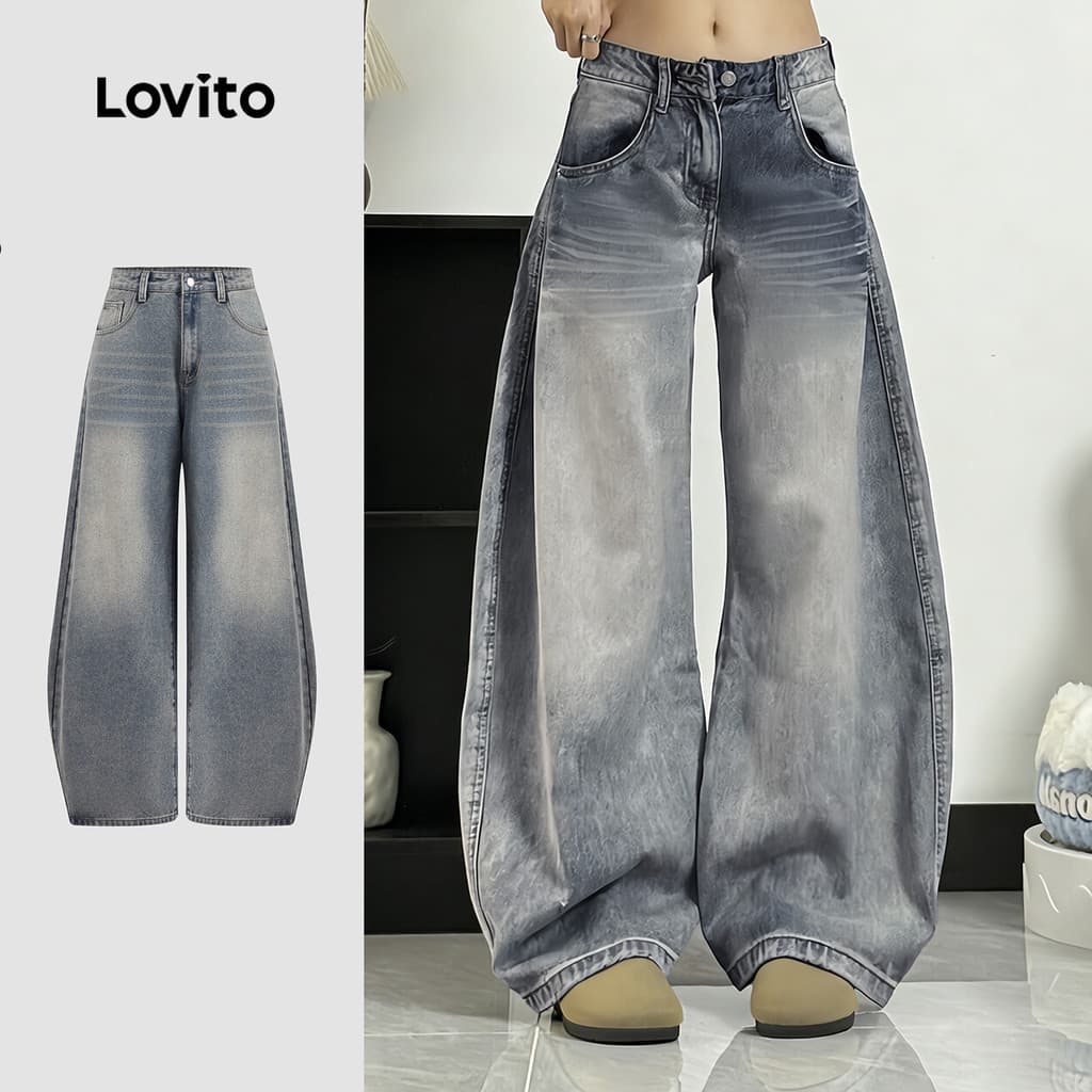 Lovito Jeans Casual Lavados com Bolso Botão Primavera/verão Calça Azul para Mulheres L185AD151