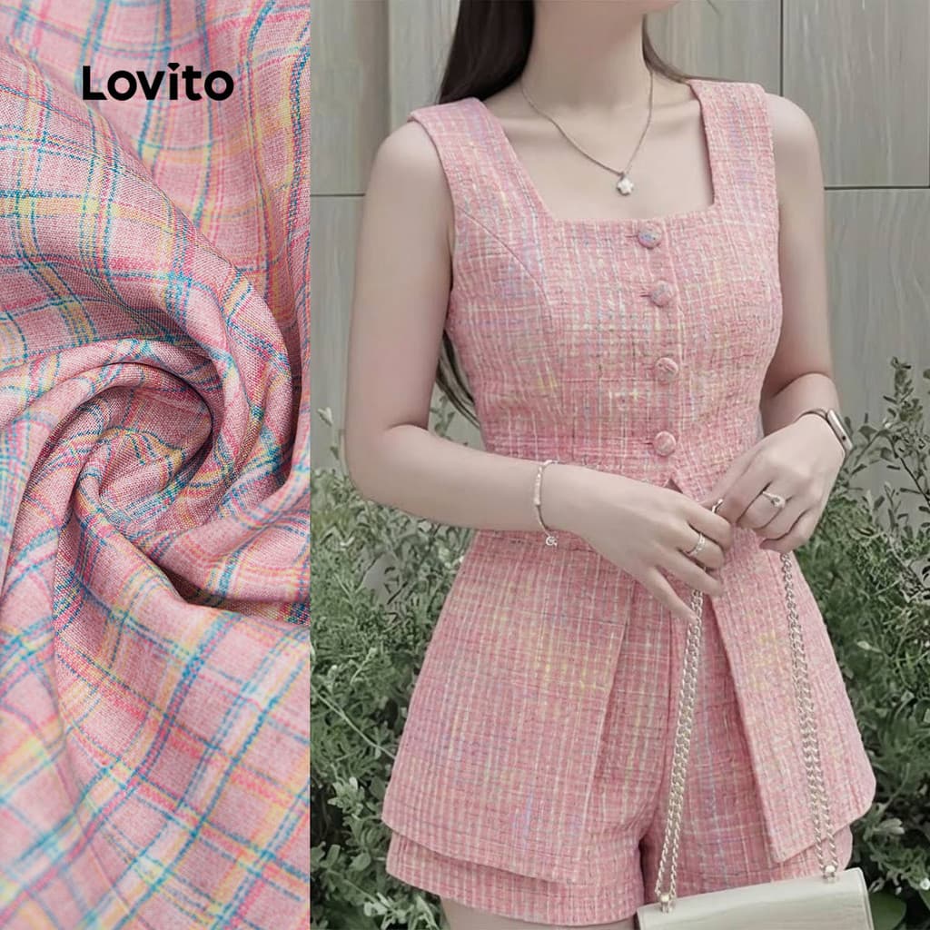 Lovito Xadrez Conjuntos Casuais de Shorts Primavera/verão Shorts Rosa Conjuntos para Mulheres LK5ED204