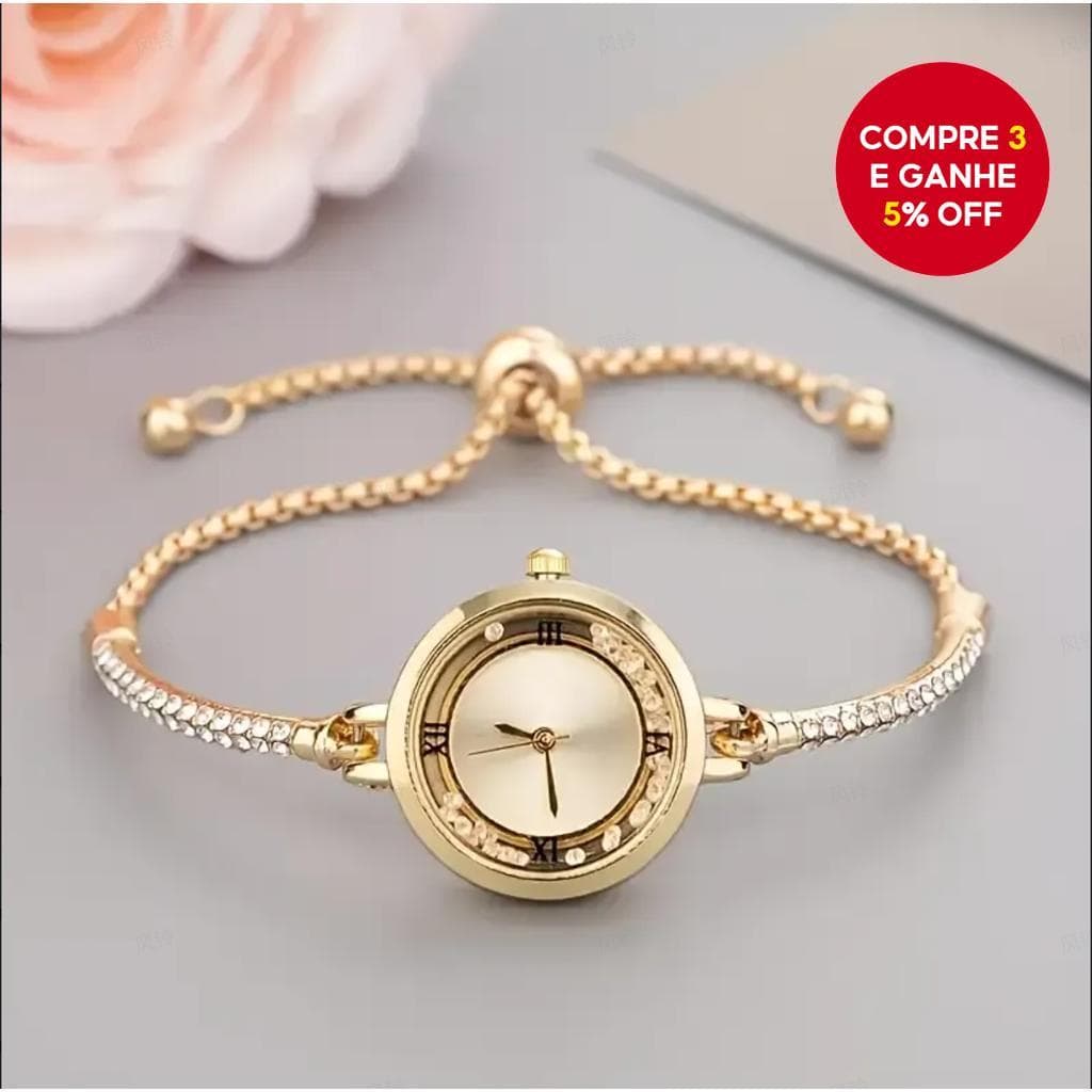 Relógio feminino elegante com pulseira, detalhes de diamantes e numerais romanos, comprimento ajustável