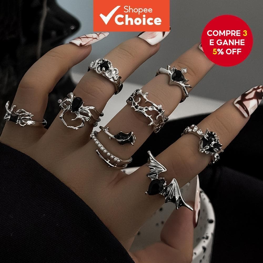 Conjunto De Anel De Coração De Morcego De Halloween Preto E Prata 8 Peças Para Mulheres Joias Da Moda Com Strass