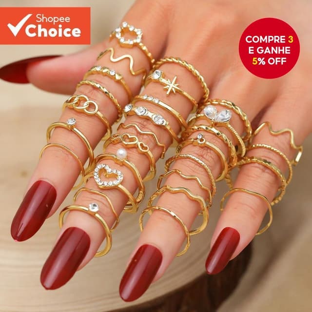 Conjunto De Anel De Onda De Coração De Diamante Dourado 29 Peças Elegante Empilhável Joia Presente Para Mulheres