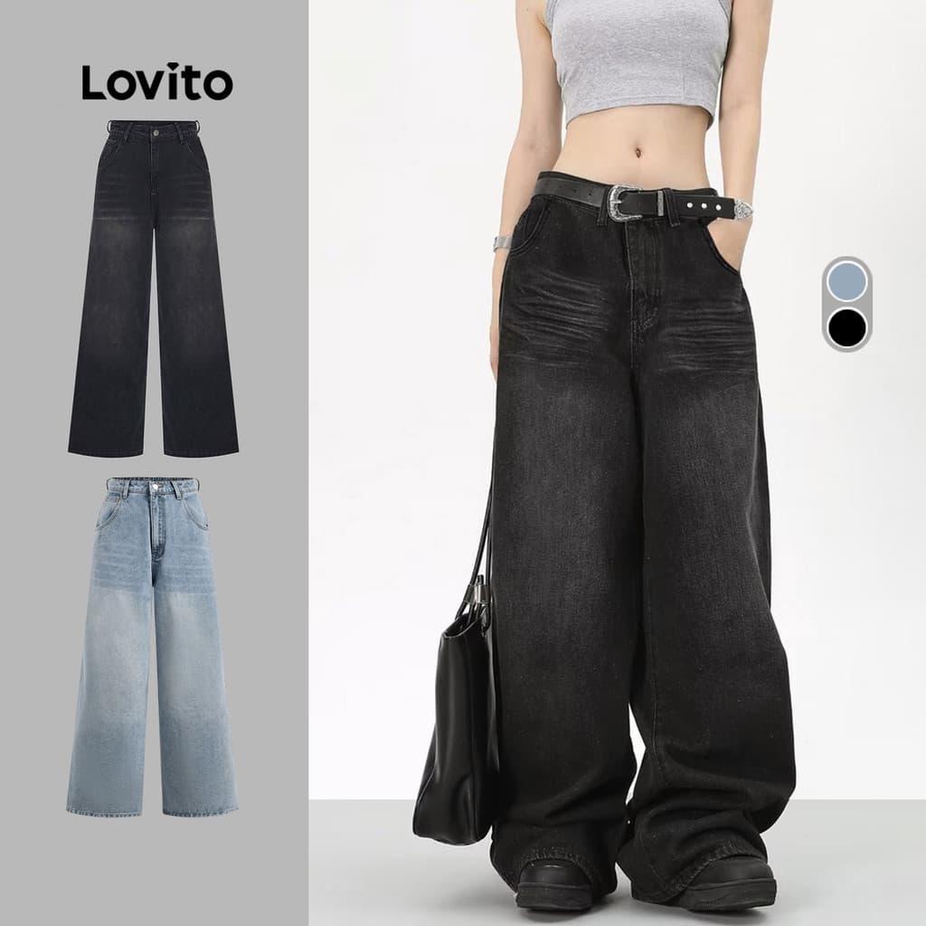 Lovito Casual Jeans simples com lavagem crua para mulheres 102AD449