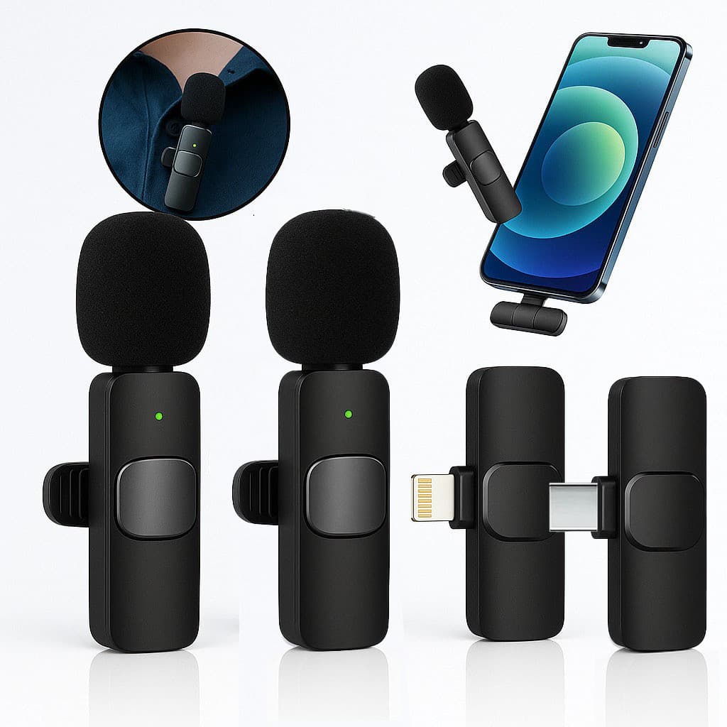 Microfone De Lapela Duplo Compatível iPhone Longo Alcance Entrada Lighting Sem Fio Profissional