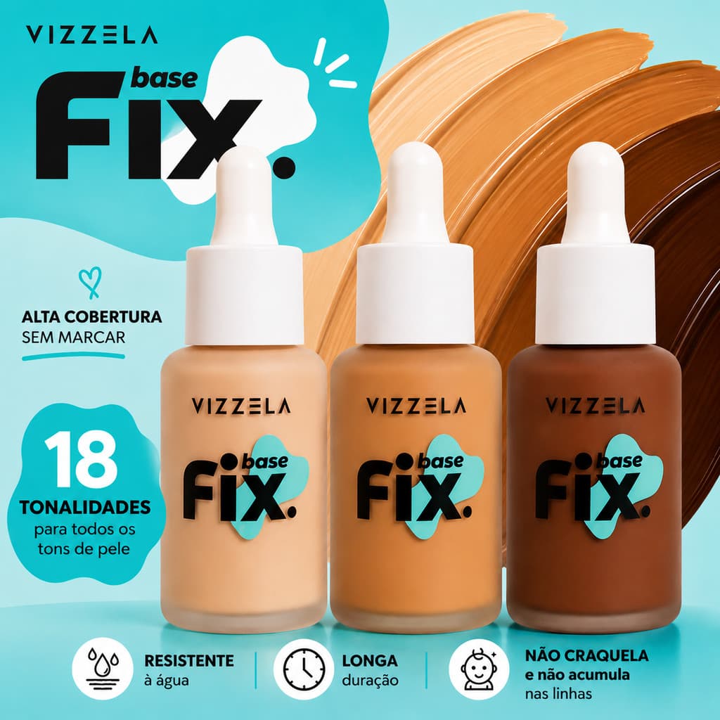 Base Líquida Fix Vizzela 30ml Média Cobertura Matte Base Maquiagem Pele