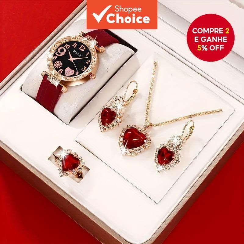 Relógio De Quartzo Da Moda Feminina E Conjunto De Joias Com Pulseira De Couro Sem Caixa Pulso Elegante