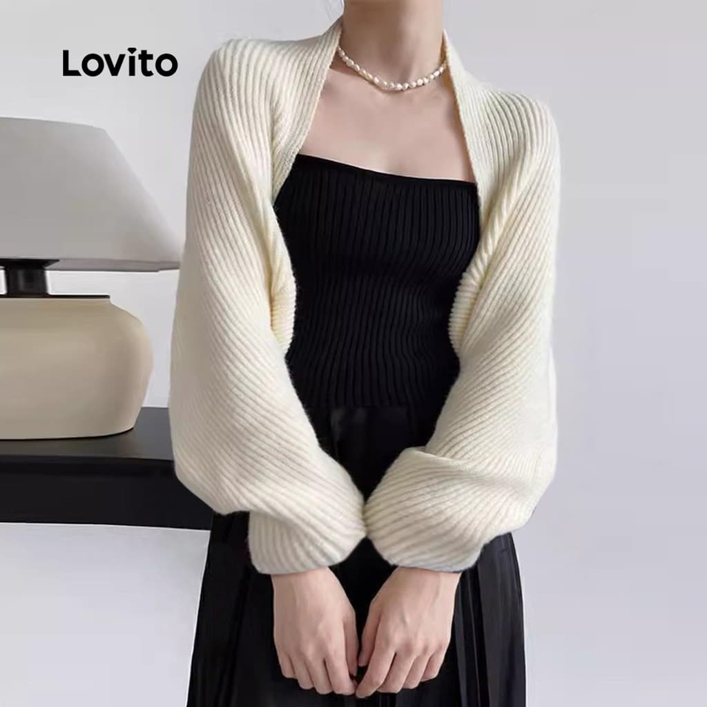 Lovito Casual Cardigans Cardigans Básicos Lisos Para Mulheres LNE37018 (Cáqui/Aprico/Preto)