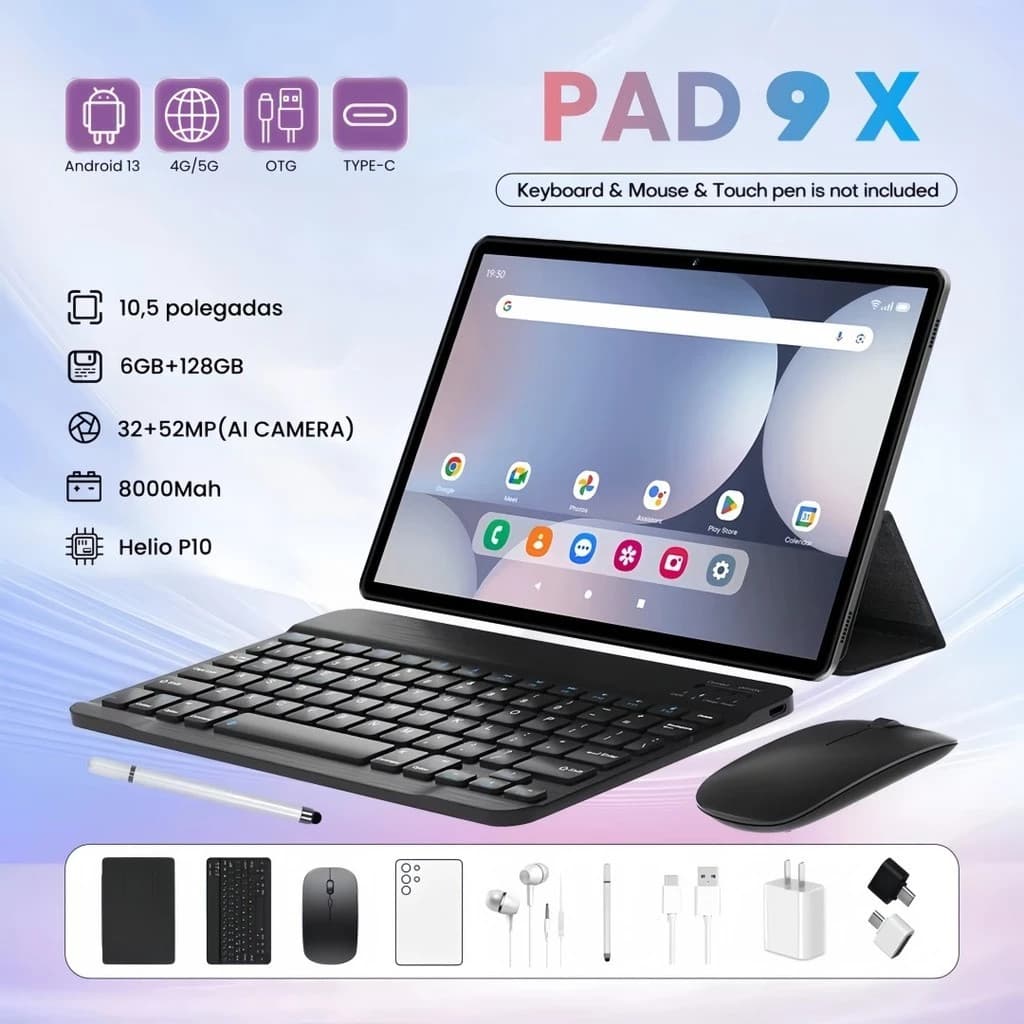 Pad 9X Tablet Android Tela Grande 10.5 FHD 6+128GB WiFi 5G Uso Trabalho Estudo 8000mah anjgg