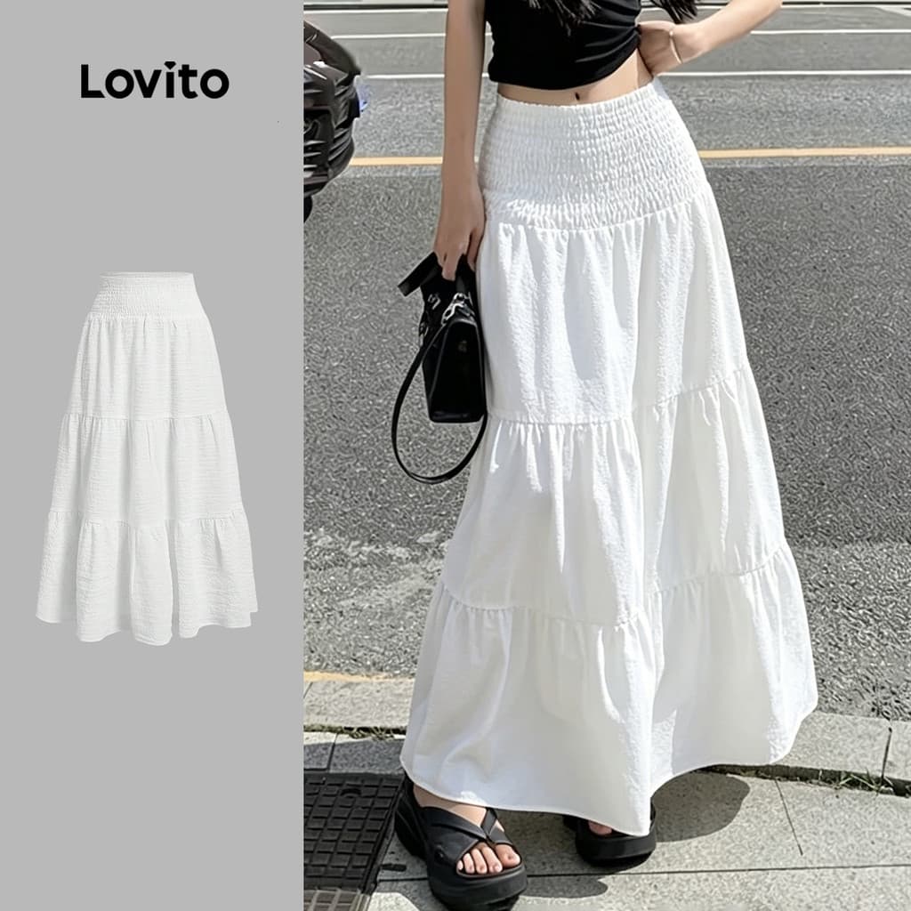 Lovito Saias Casuais com Camadas em Jacquard com Elástico Na Cintura Primavera/verão Brancas LK7LD1065