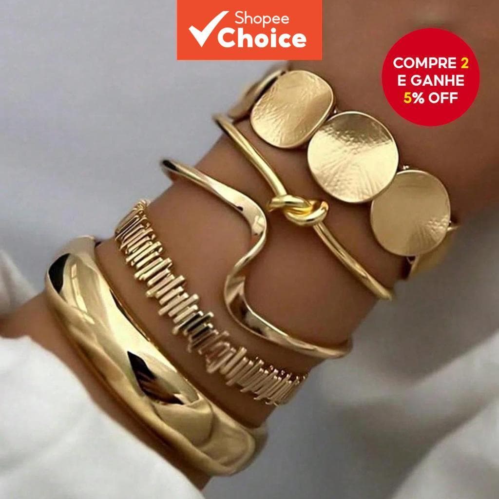 Conjunto De Pulseira De Ouro Vintage 5 Peças , Design Geométrico , Acessórios De Joias Punk De Metal Largo