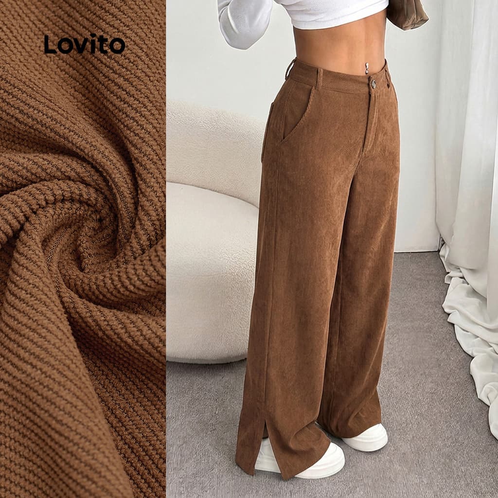 Lovito Calça Casual com Bolsos com Zíper Marrom Outono/inverno para Mulheres LK7LD200