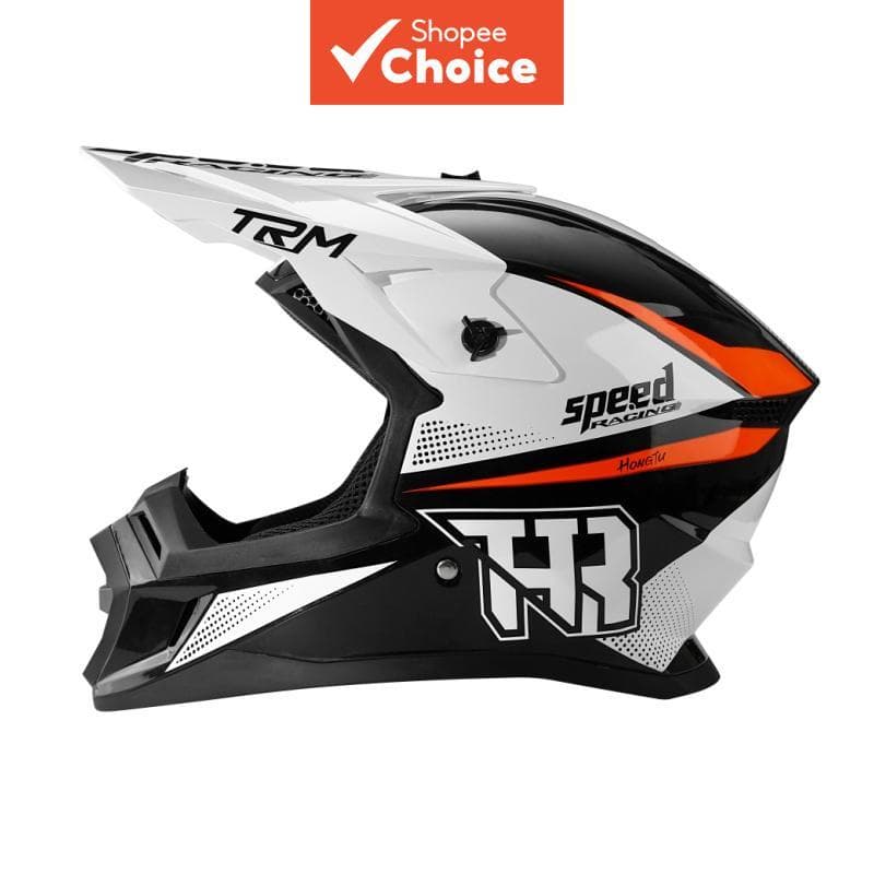 Capacete de Motocross de Corrida Gloss Branco Preto Laranja TRM SPEED, Capacete Off Road à Prova de Choque com Viseira