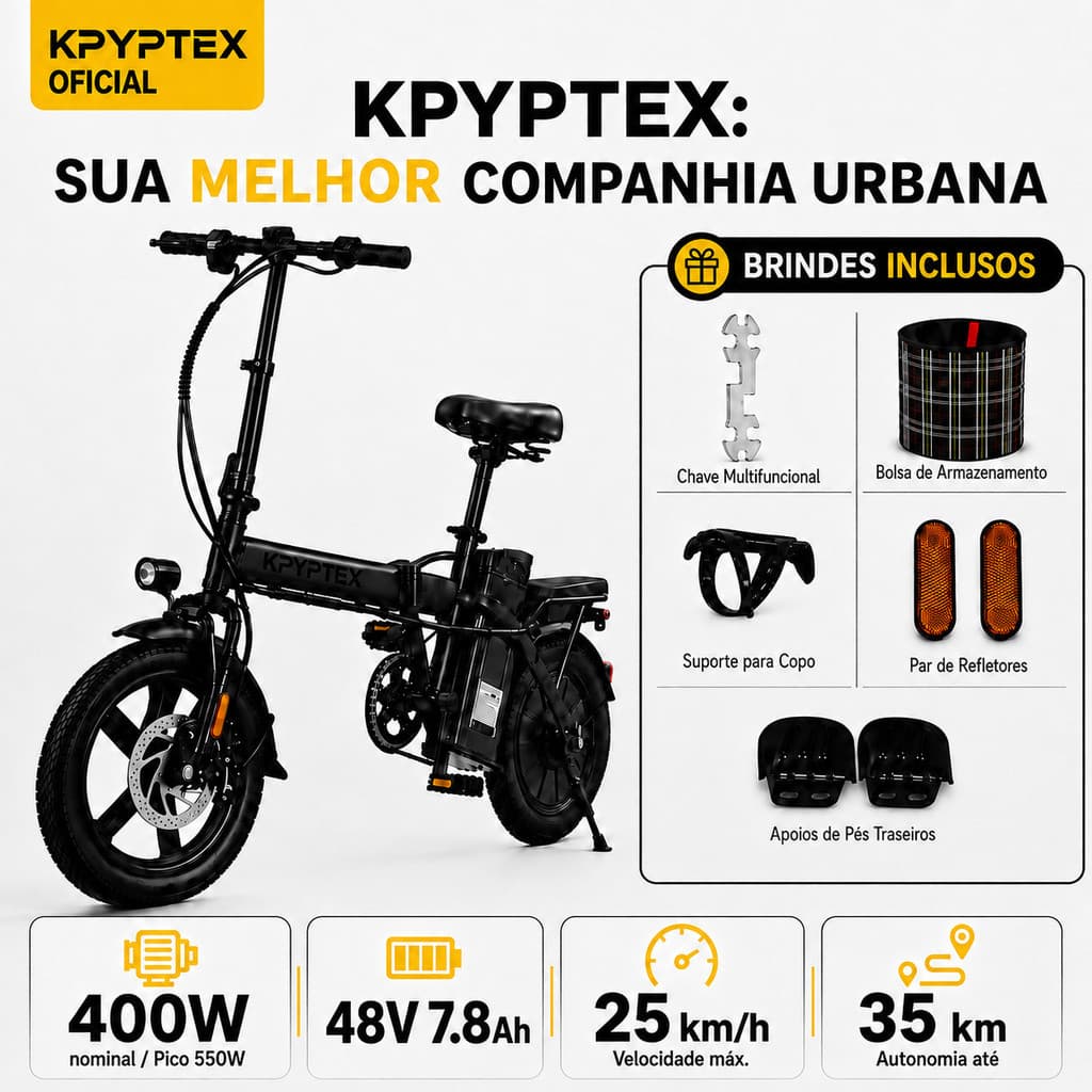 Bicicleta Elétrica Compacta KPYPTEX 400W Pico 550W 48V 7.8Ah Dobrável 25km/h Até 35km Banco Traseiro