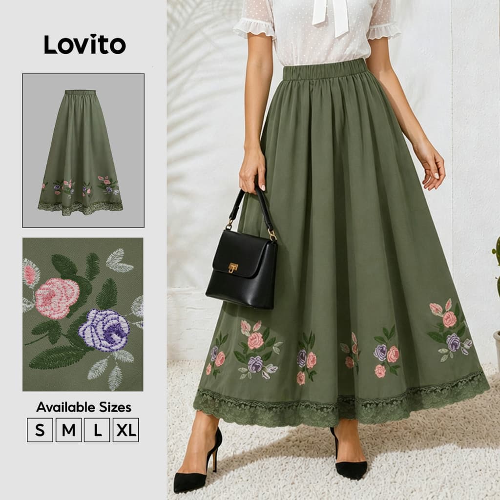Lovito Saias Boho com Estampa de Renda Saias de Primavera/verão para Mulheres Evangelical SKB38BR046