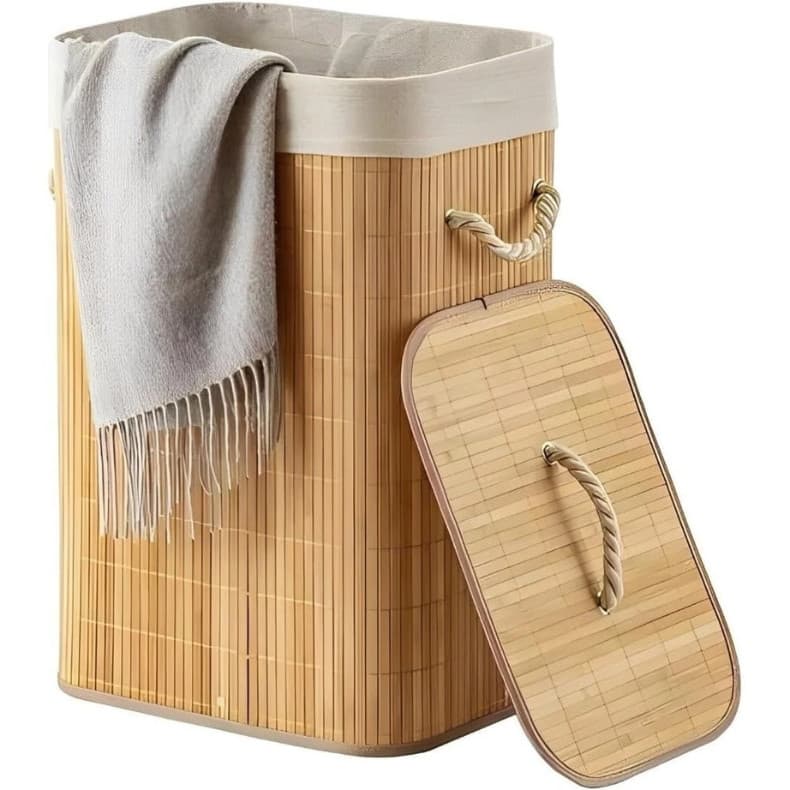 Cesto De Roupa Suja Bambu Com Tampa e Alças Forrado Organizador Grande
