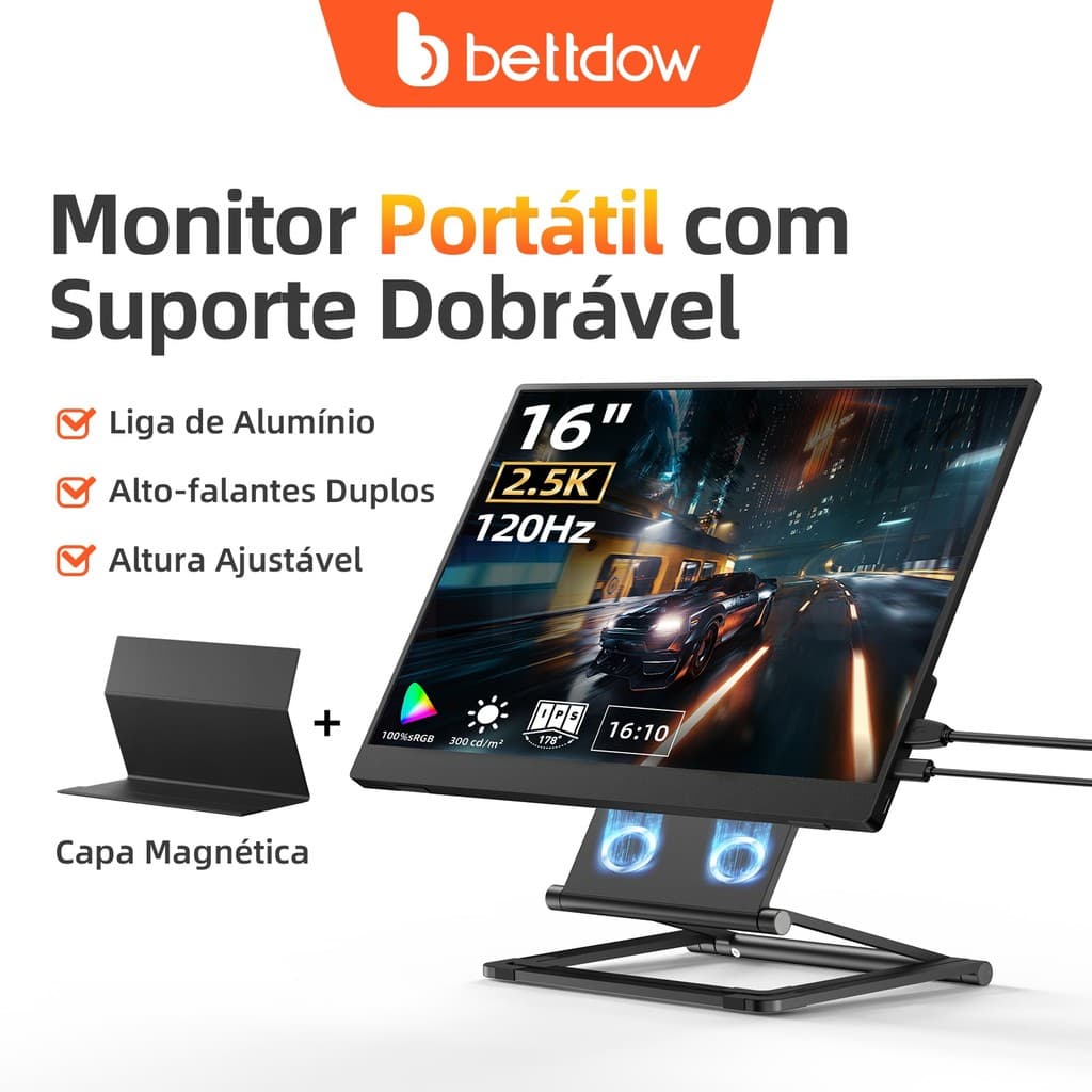 BETTODW Monitor Full HD 2.5K de 16 polegadas com suporte magnético ajustável, alta taxa de atualização e som imersivo.