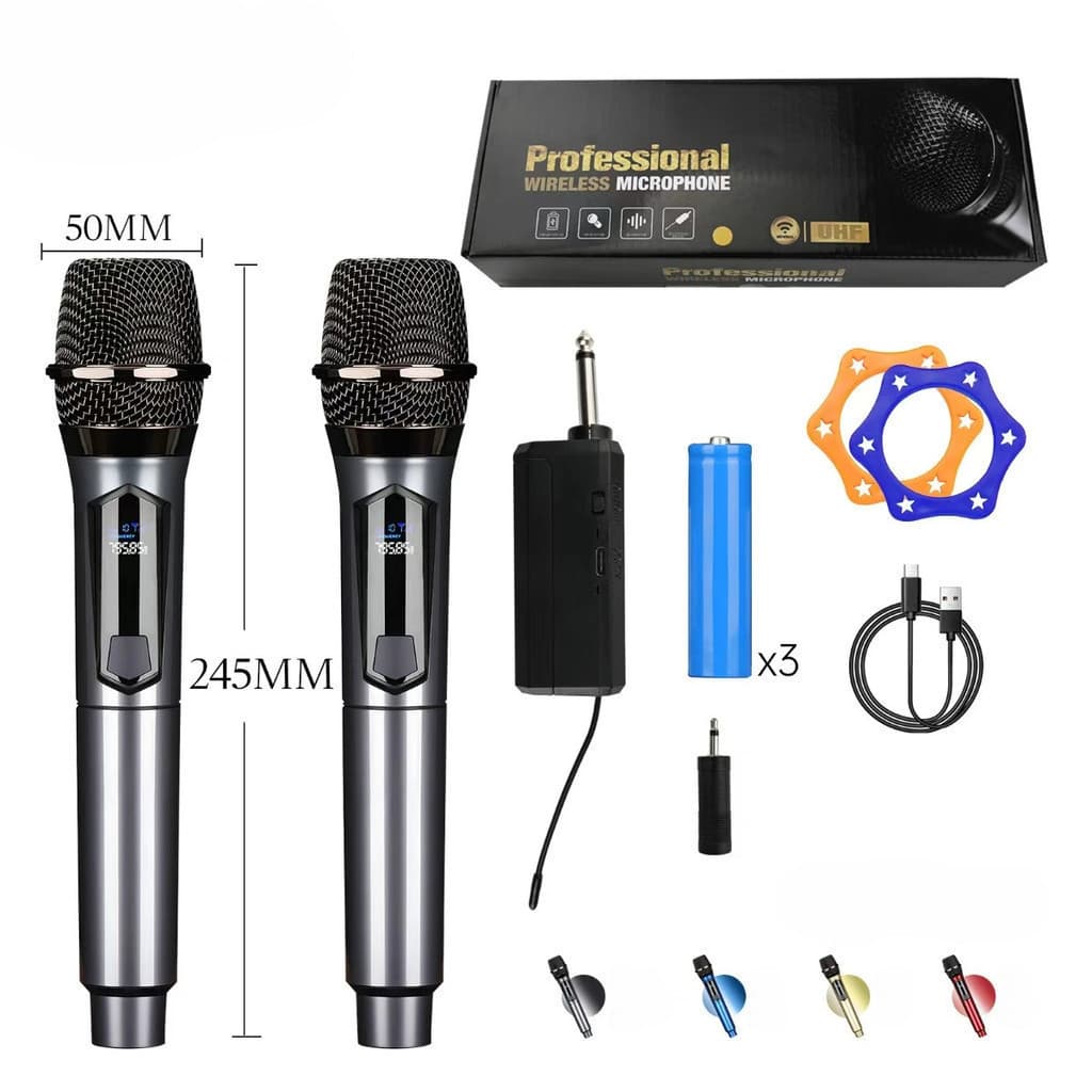 Microfone Sem Fio Profissional UHF conjunto com 2 Microfones + Receptor Recarregável marisa