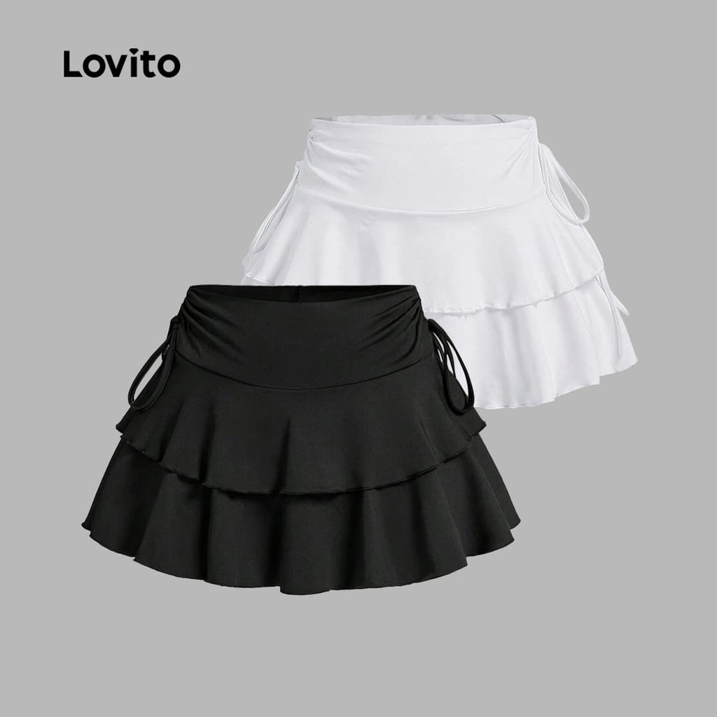 Lovito Casual Saia Feminina Lisa Com Cadarço E Bainha Com Babados Camadas E Babados De Verão/primavera Bordado L133AD424
