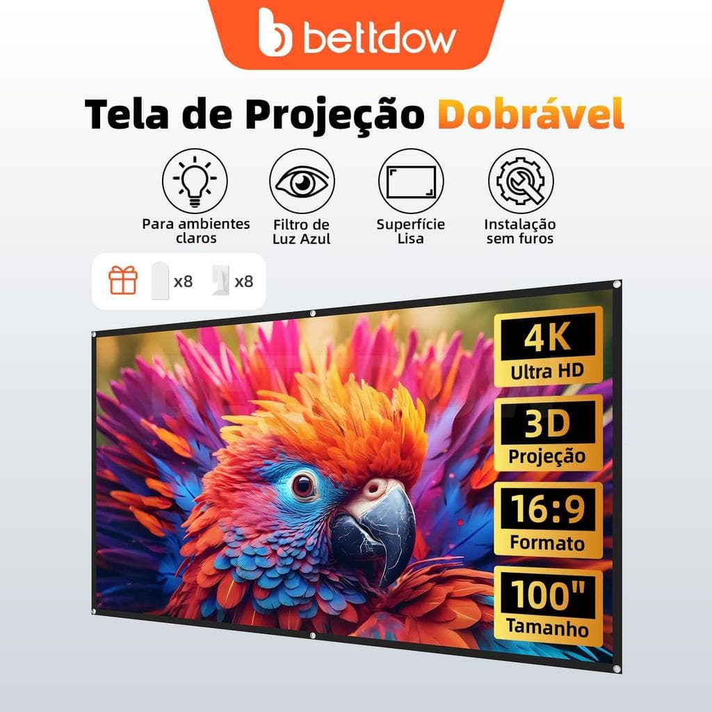 Tela de Projeção Dobrável Anti-Luz BETTDOW 4K ALR 100/120” | Cinema em Casa de Alta Definição 16:9 Fácil Instalação