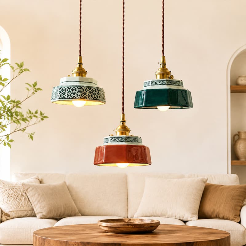Luminária Pendente Cerâmica Retro Feita À Mão Abajur Octogonal Vintage Para Sala Jantar Quarto Sala Estar Lampu Gantung
