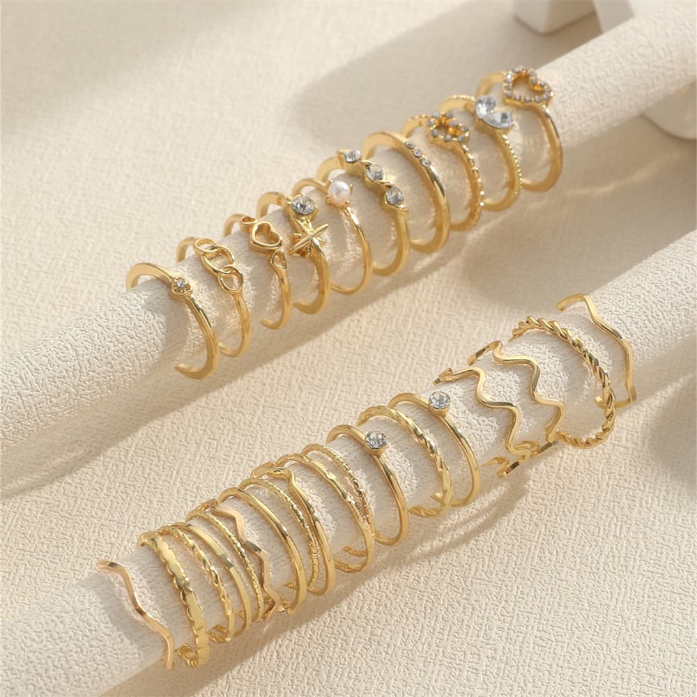 Conjunto de 28 Anéis Minimalistas em forma de Onda para Mulheres - Joias em Prata com Anéis Geométricos de Coração