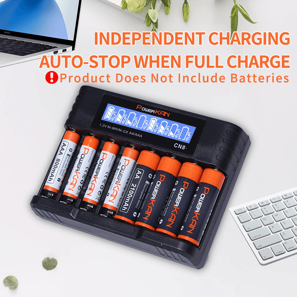 Carregador De Bateria PowerKAN CN8 , Slot 500mA * 8 De Alta Velocidade ​ LCD De Carregamento E Entrada USB-C Para Recarr