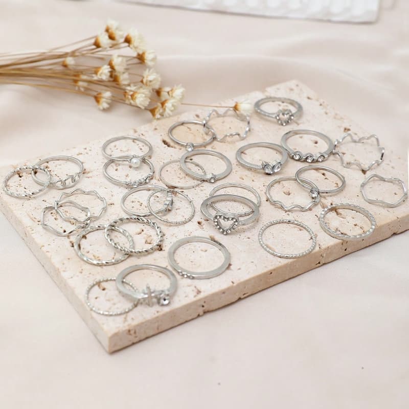 Conjunto De Anéis De Junta Geométrica – 28 Peças De Cristal Coração Ouro Prata Empilháveis Minimalistas Joias De Festa P