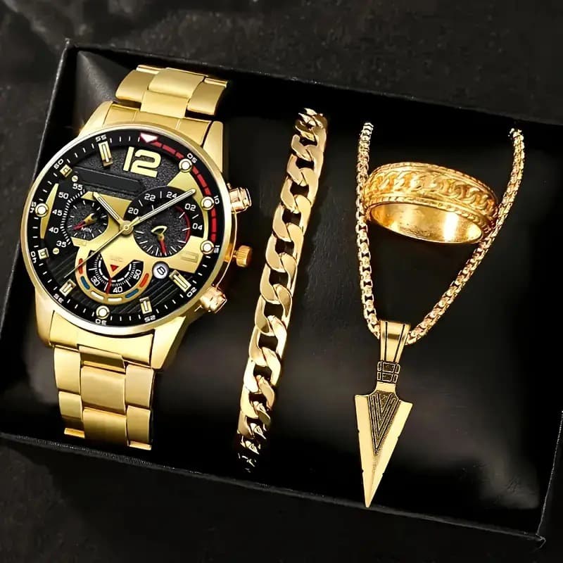 Conjunto De Relógio De Pulso Masculino Chique 4 Peças-Pulseira De Aço Inoxidável E Mostrador De Quartzo Com Calendário-P