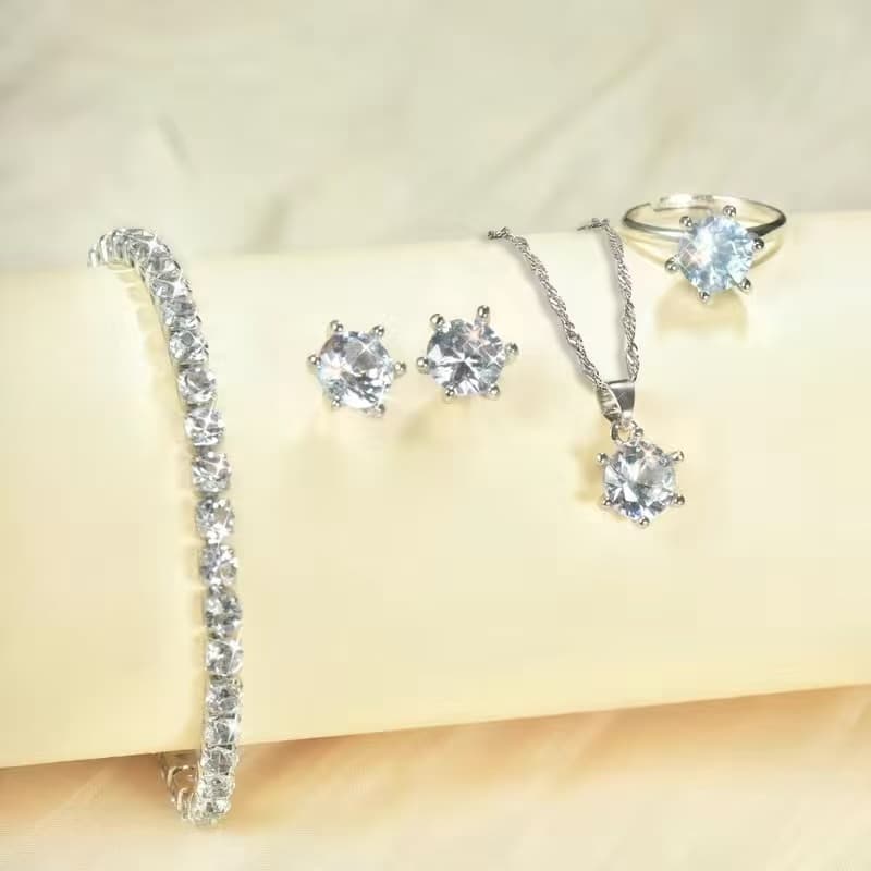Conjunto De Joias De Pérola Elegante Para Mulheres Colar Brincos Pulseira Anel 4 Peças (Apenas Prata)