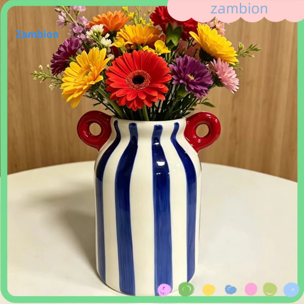 Lively Home Decor Vase Decorative Ceramic Hand-painted Striped Flower with Dual Handles – Small Wide Mouth Bud for FloVer produto