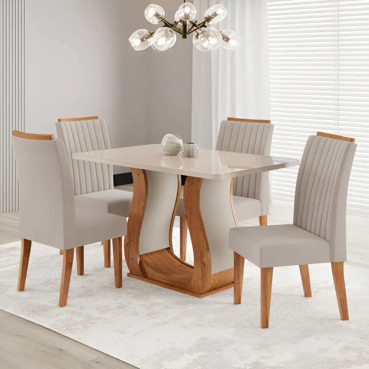 Mesa De Jantar 120x80,7cm Tampo Com Vidro 4 Cadeiras Fg
