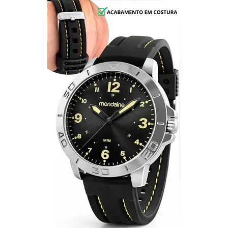 Relógio De Pulso Mondaine Com Corria De Silicone Cor Preto - Bisel Prateado