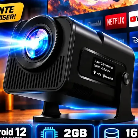 Projetor HY320 390 ANSI Full HD WiFi 6 4K Android Bluetooth 150 Polegadas HDMI USB Controle Remoto Bivolt Portátil Smart TV Cinema em Casa Filmes Séries Jogos Som Integrado Streaming Multimídia