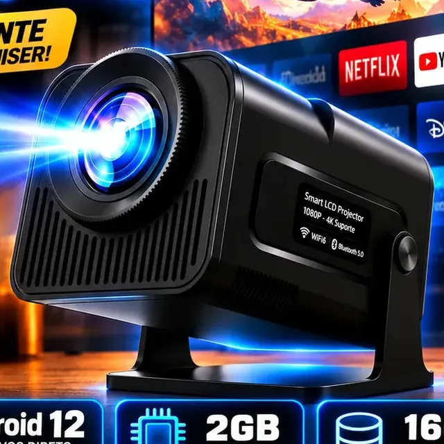 Projetor HY320 390 ANSI Full HD WiFi 6 4K Android Bluetooth 150 Polegadas HDMI USB Controle Remoto Bivolt Portátil Smart TV Cinema em Casa Filmes Séries Jogos Som Integrado Streaming Multimídia