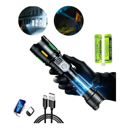 Lanterna Tática Led Zoom 3600lm 2km Alto Luz Potente Usb Recarregável Vem com 2 baterias modelo 18650 Enfit Vida