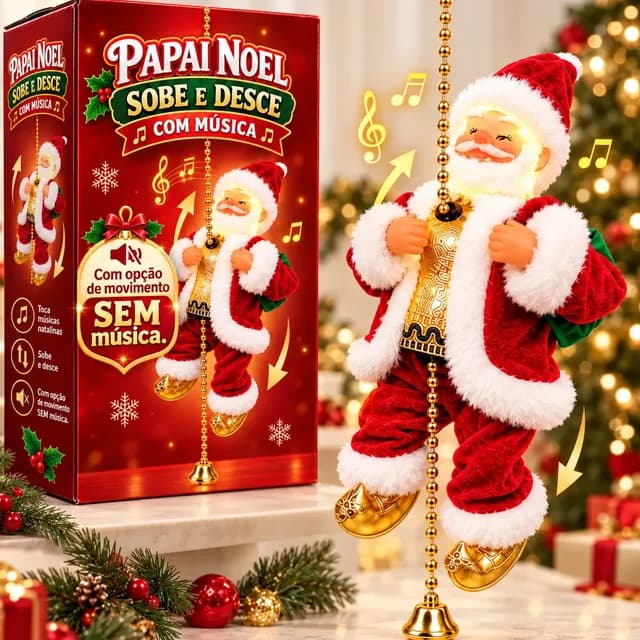 Papai Noel Sobe E Desce Corda Musical Canta Decoração Natal