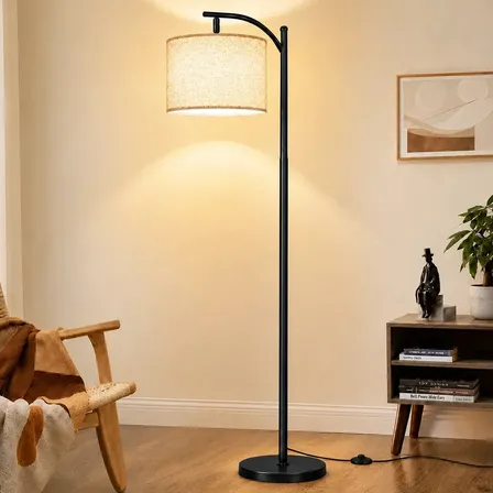 Abajur de Chão, Luminária de Chão Moderna em Arco de Metal, Cúpula de Tecido, Soquete E27 para LED Tricolor, Luminária Decorativa para Sala de Estar, Quarto e Escritório, Tieesa Preto
