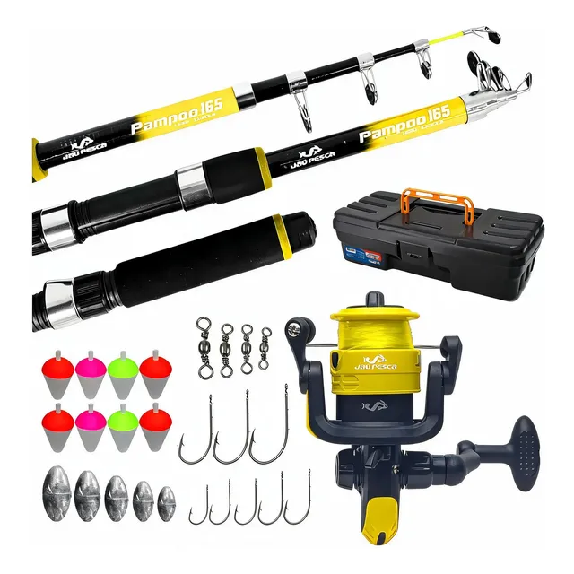 Vara De Pesca 20lbs Completa Com Molinete E Linha Jau Pesca Amarelo