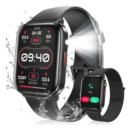 Relógio Inteligente Smartwatch Chamadas Bluetooth Ipx8 Água Feminino Homens Preto NOVANTE Masculino Esportivo Monitor De Saúde Notificações Instantâneas Com Lanterna Pulseira Tecida De Brinde Presente