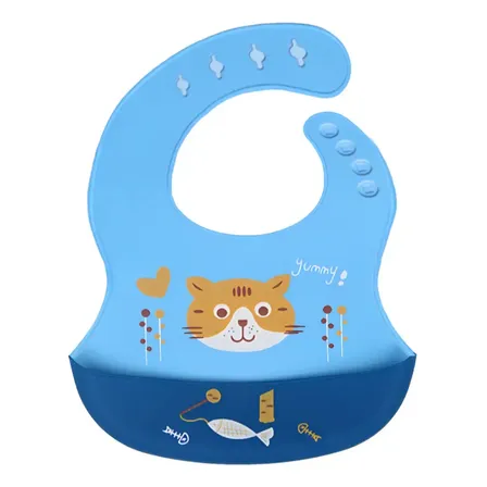 Babador de Silicone Big Tech Azul-celeste Hipoalergênico, com Pega Migalhas e Desenho de Gato e Peixe