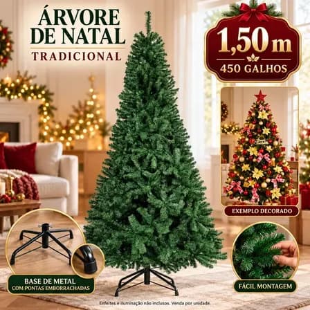 Árvore De Natal Pinheiro Canadense Luxo 1,50m 450 Galhos Tradicional Verde Imperial Premium Grande Cheia LuvinCo