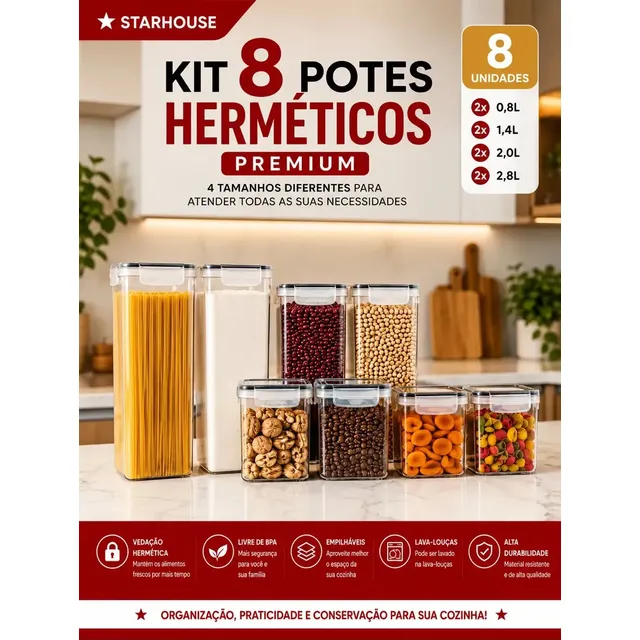 Kit 8 Potes Hermético Starhouse Mantimentos Quadrado Cozinha Super Vedação Lavável Livre De Bpa Transparente