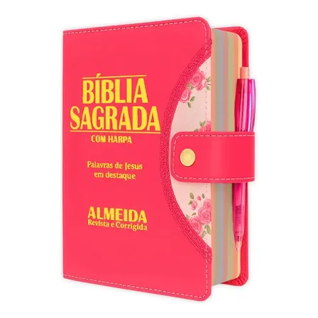 Bíblia Sagrada Evangélica femenina - Botão Pink | ARC - João Ferreira de Almeida com Harpa e Índice por Cores