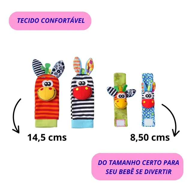 Kit 4 Peças Meias E Pulseiras Chocalho Bebê Colorido Animais